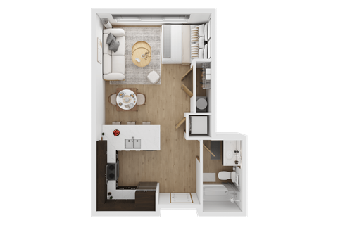 A top-down view of a small, neatly organized apartment  at Spyglass Hill Apartments, Bremerton, 98337